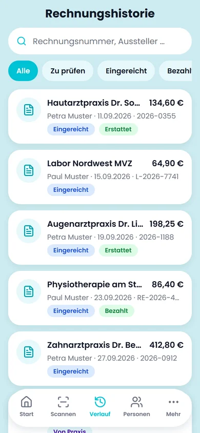 Pia-App: Rechnungsliste mit Status
