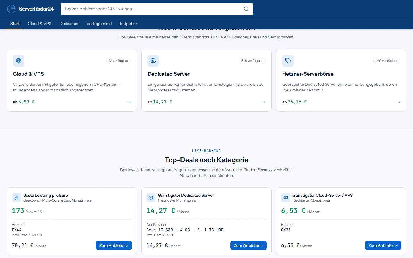 ServerRadar24: Kategorien und Top-Angebote nach Kategorie