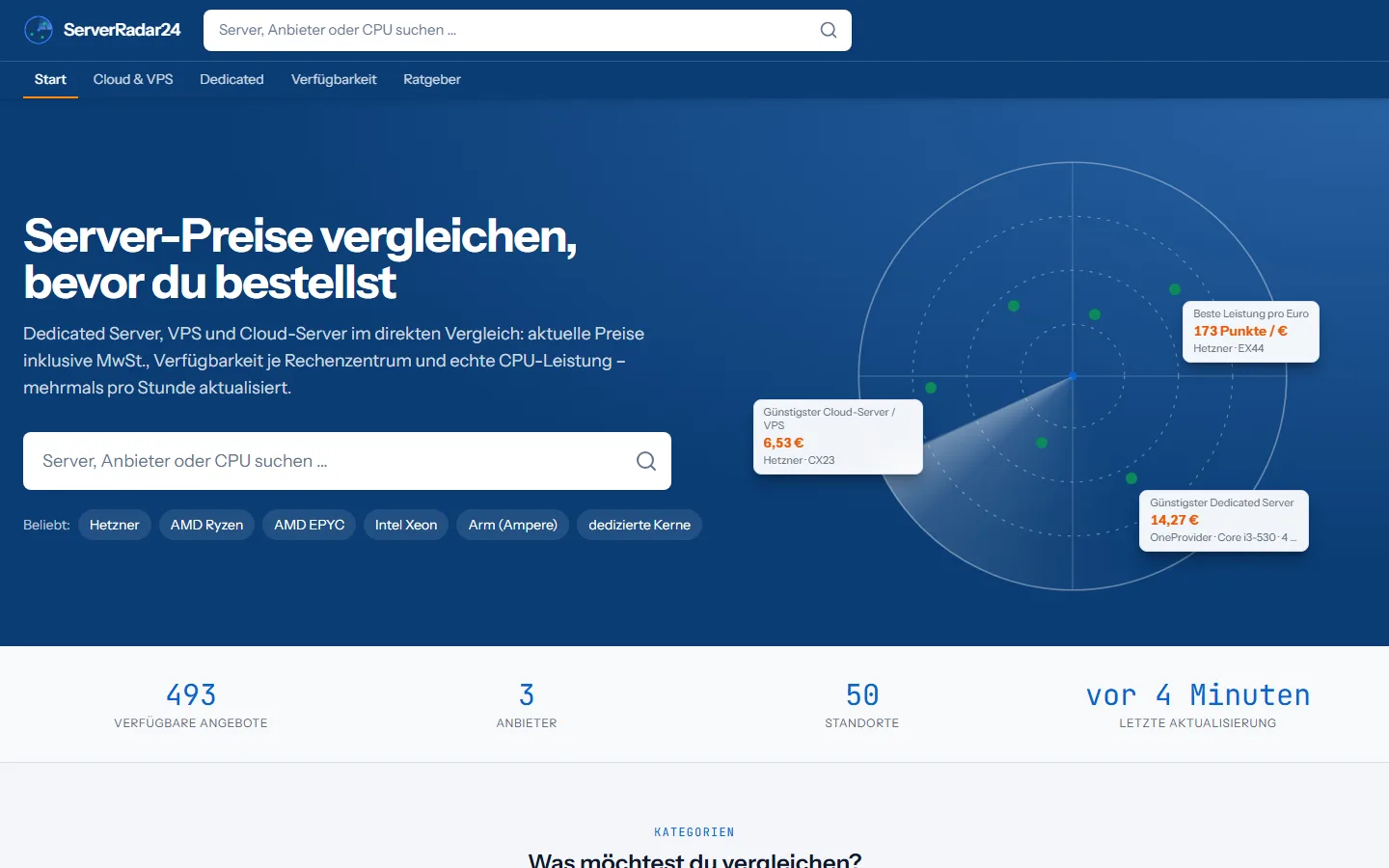 ServerRadar24: Startseite mit Suche und Radar